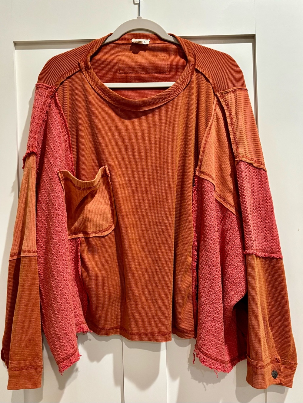 POL Two-Tone Rust & Coral Patchwork Pullover